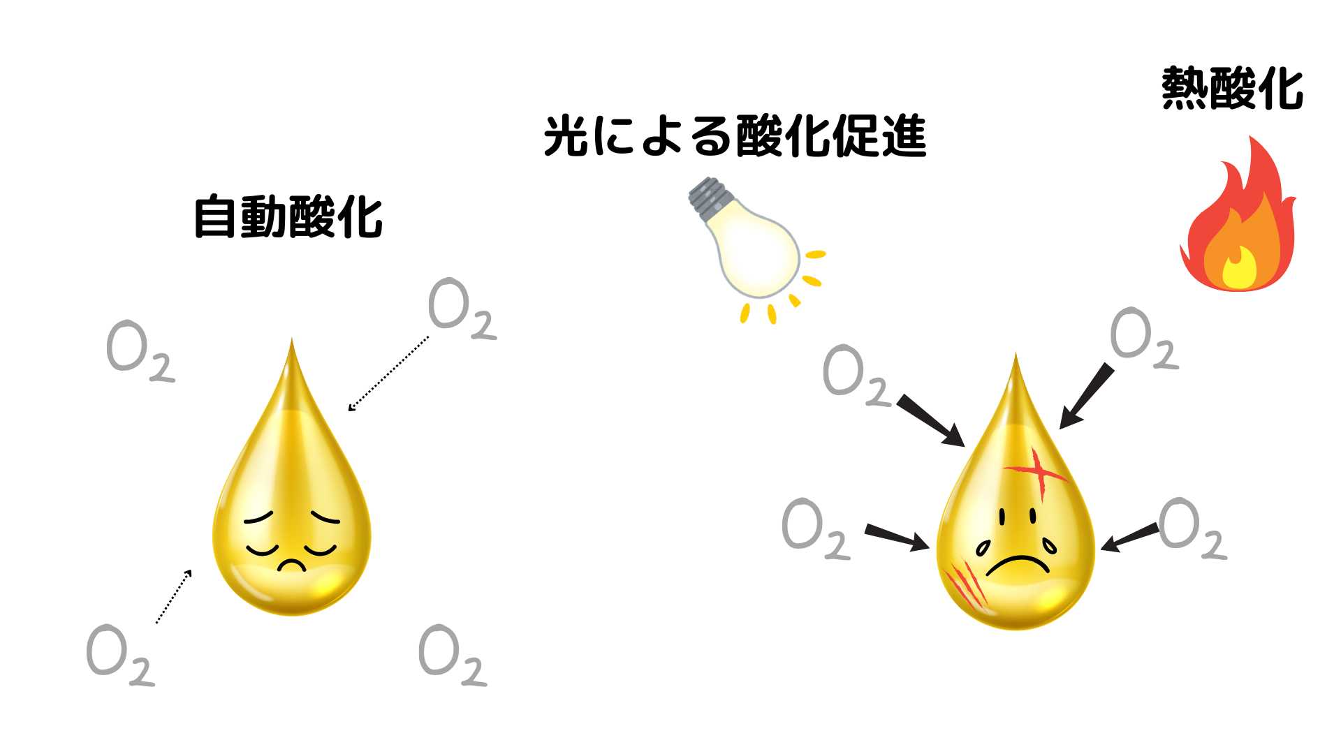 光と熱により、油脂への酸素の攻撃が増した様子
