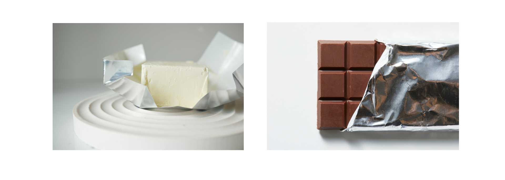 アルミ素材で包装されたバターとチョコレート