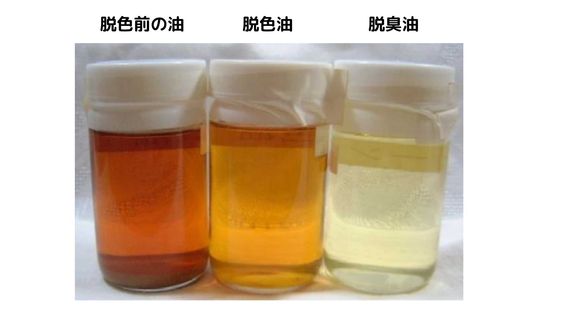 脱臭油、脱色油、未脱色油の順に色が薄くなっている