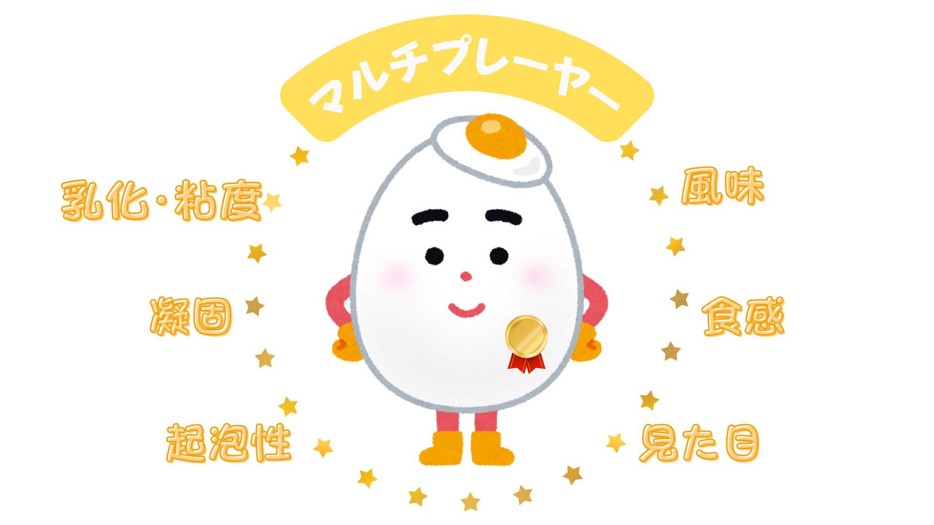 卵は、乳化・粘度、凝固、気泡性、風味、食感、見た目の役割をもつマルチプレーヤー